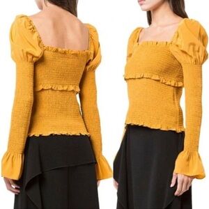 Cinq à Sept Mustard Smocked 100% Silk Blouse Size XS